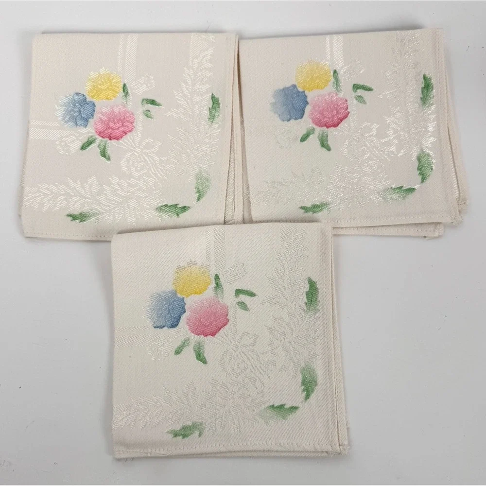 VTG DAMASK Linen Pastel Floral Tablecloth (47x47) & Napkins (3) NOS‎ Handpainted